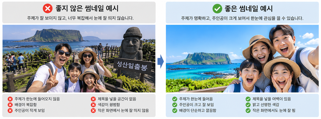좋지 않은 유튜브 썸네일과 좋은 썸네일 비교