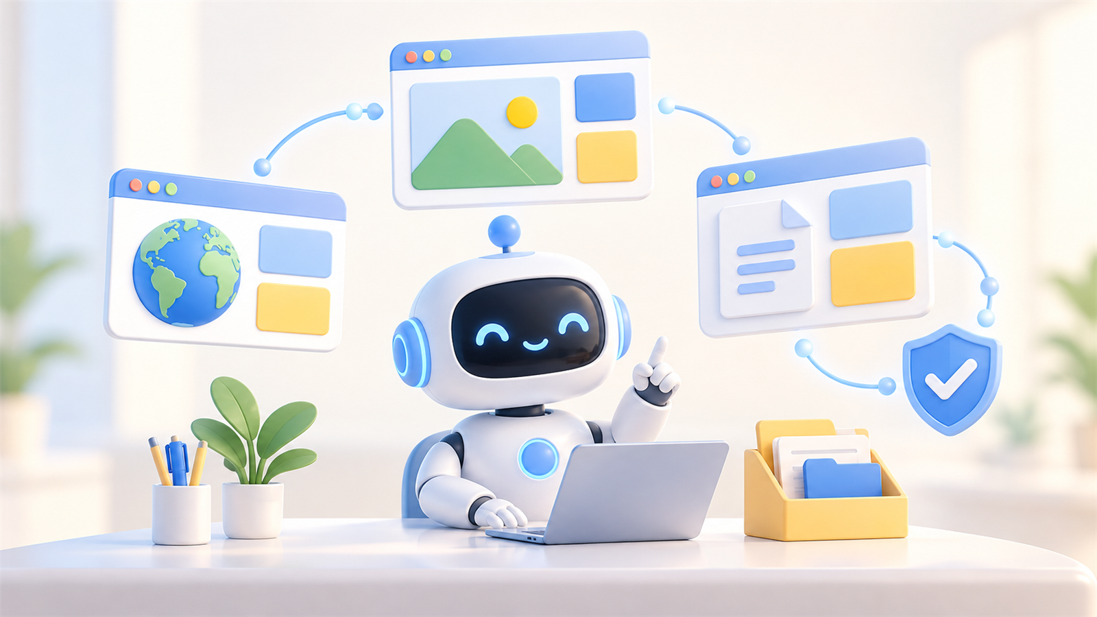 ChatGPT 에이전트를 표현한 중앙의 AI 도우미, 브라우저 패널, 문서함과 확인 표시 방패 일러스트